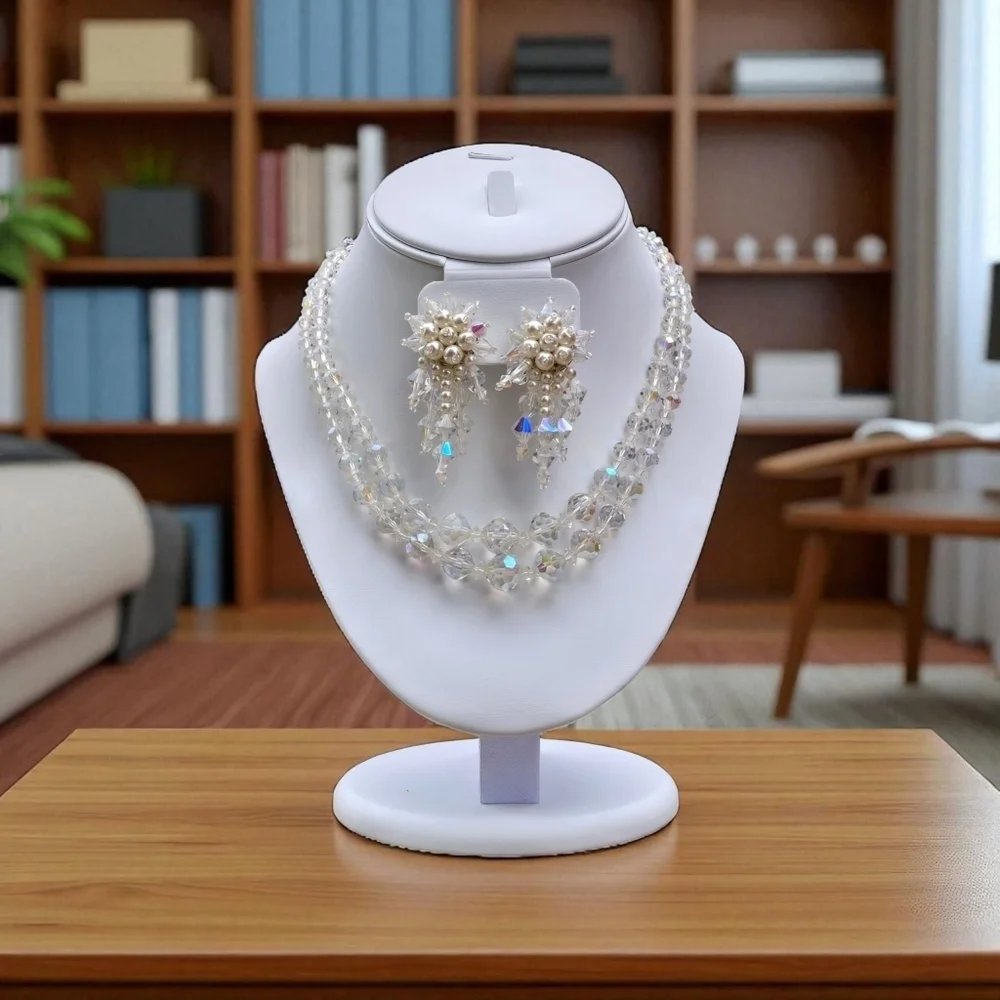 Vintage Crystal Necklace and Crystal Fuax Pearl Earrings Jewelry Set